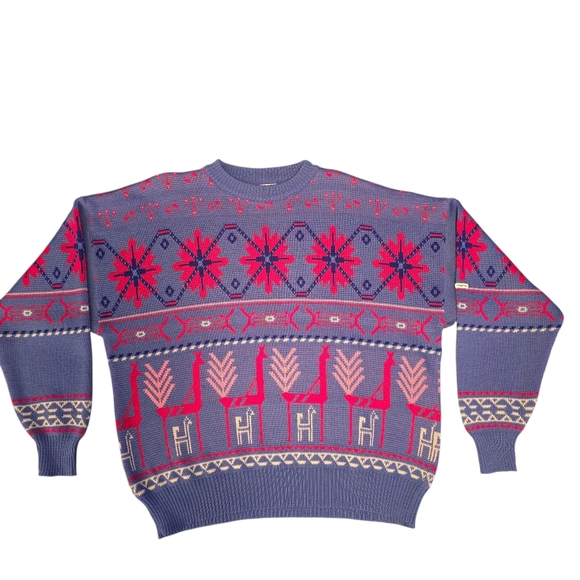 Steffner Vintage 80s 100% Wool Knit Sweater Size L Blue, Pink, White - Picture 2 of 12